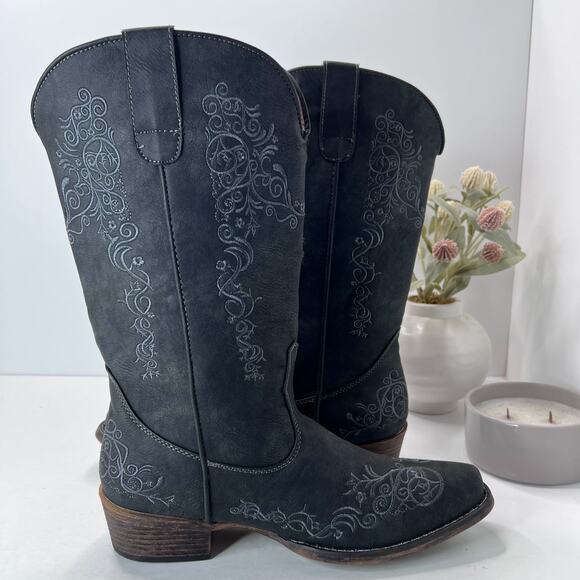 Roper Riley Scroll Embroidered Snip Toe Cowboy Western Boots Black Womens 10.5 - Picture 5 of 10